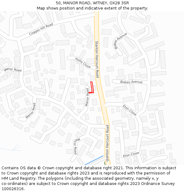 50, MANOR ROAD, WITNEY, OX28 3SR: Location map and indicative extent of plot
