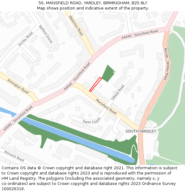 50, MANSFIELD ROAD, YARDLEY, BIRMINGHAM, B25 8LY: Location map and indicative extent of plot