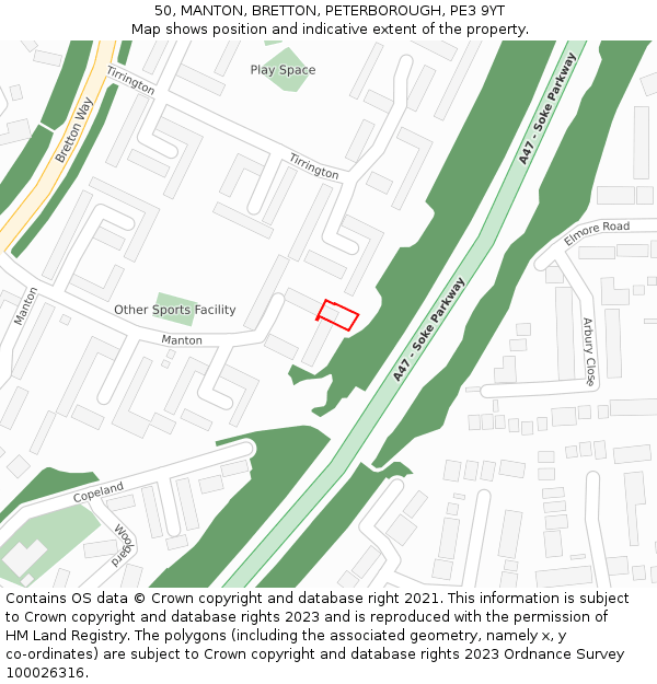 50, MANTON, BRETTON, PETERBOROUGH, PE3 9YT: Location map and indicative extent of plot
