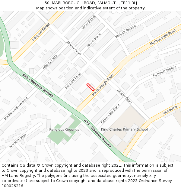 50, MARLBOROUGH ROAD, FALMOUTH, TR11 3LJ: Location map and indicative extent of plot