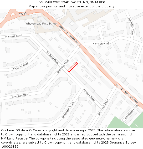 50, MARLOWE ROAD, WORTHING, BN14 8EP: Location map and indicative extent of plot