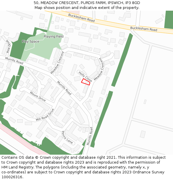 50, MEADOW CRESCENT, PURDIS FARM, IPSWICH, IP3 8GD: Location map and indicative extent of plot