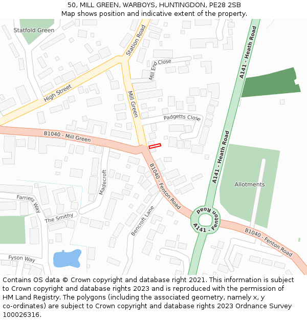 50, MILL GREEN, WARBOYS, HUNTINGDON, PE28 2SB: Location map and indicative extent of plot