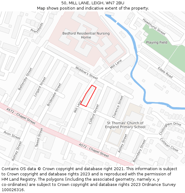 50, MILL LANE, LEIGH, WN7 2BU: Location map and indicative extent of plot