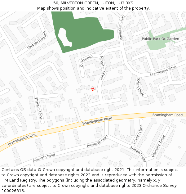 50, MILVERTON GREEN, LUTON, LU3 3XS: Location map and indicative extent of plot