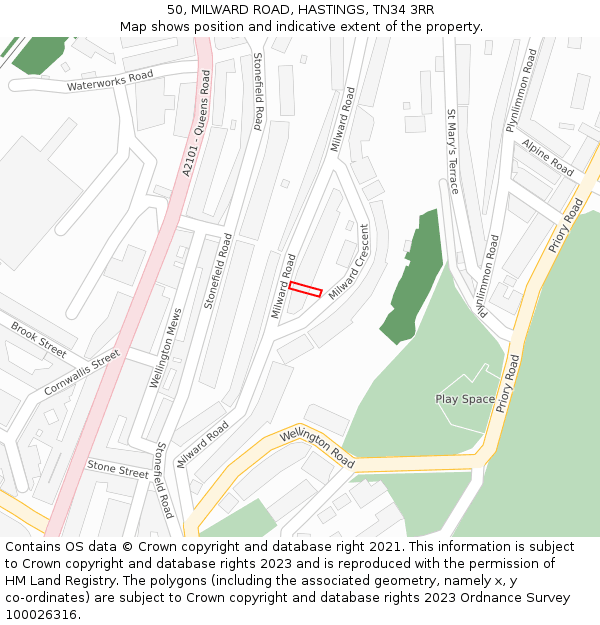 50, MILWARD ROAD, HASTINGS, TN34 3RR: Location map and indicative extent of plot