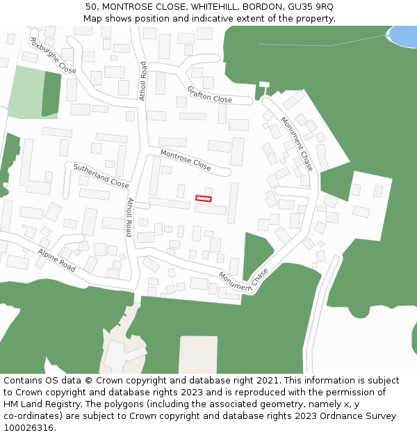 50, MONTROSE CLOSE, WHITEHILL, BORDON, GU35 9RQ: Location map and indicative extent of plot