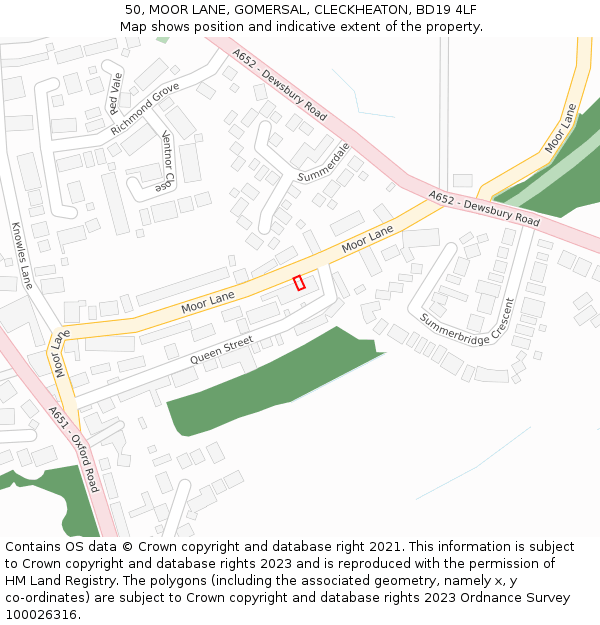 50, MOOR LANE, GOMERSAL, CLECKHEATON, BD19 4LF: Location map and indicative extent of plot