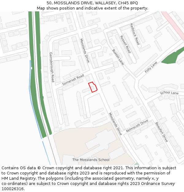 50, MOSSLANDS DRIVE, WALLASEY, CH45 8PQ: Location map and indicative extent of plot