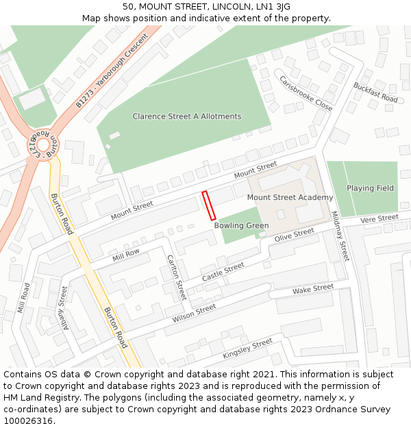 50, MOUNT STREET, LINCOLN, LN1 3JG: Location map and indicative extent of plot