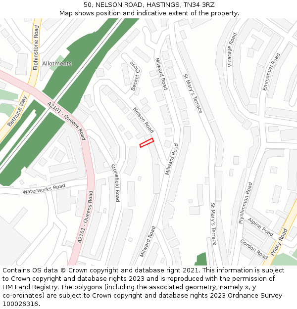 50, NELSON ROAD, HASTINGS, TN34 3RZ: Location map and indicative extent of plot