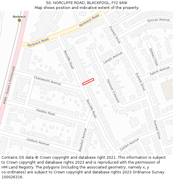 50, NORCLIFFE ROAD, BLACKPOOL, FY2 9AW: Location map and indicative extent of plot