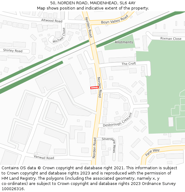 50, NORDEN ROAD, MAIDENHEAD, SL6 4AY: Location map and indicative extent of plot