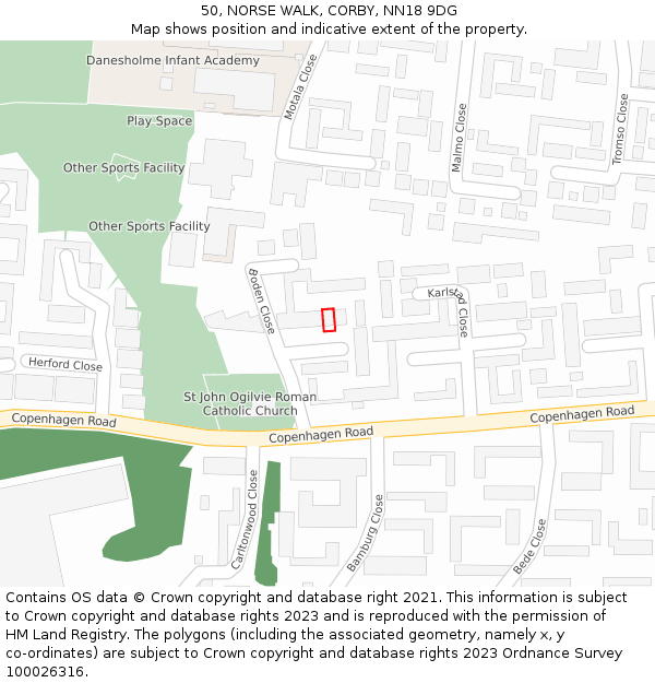 50, NORSE WALK, CORBY, NN18 9DG: Location map and indicative extent of plot
