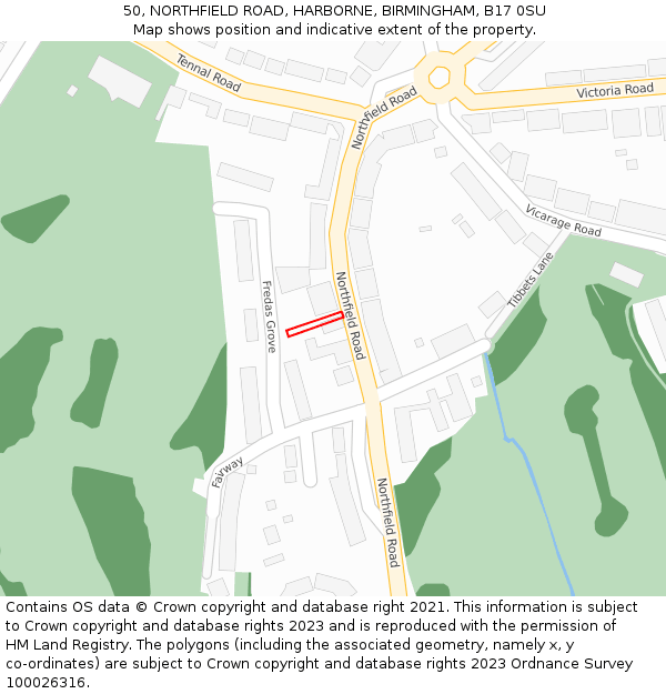 50, NORTHFIELD ROAD, HARBORNE, BIRMINGHAM, B17 0SU: Location map and indicative extent of plot