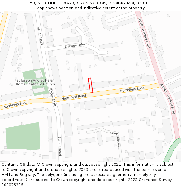 50, NORTHFIELD ROAD, KINGS NORTON, BIRMINGHAM, B30 1JH: Location map and indicative extent of plot