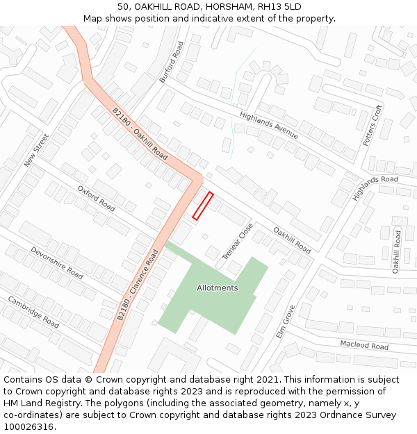 50, OAKHILL ROAD, HORSHAM, RH13 5LD: Location map and indicative extent of plot