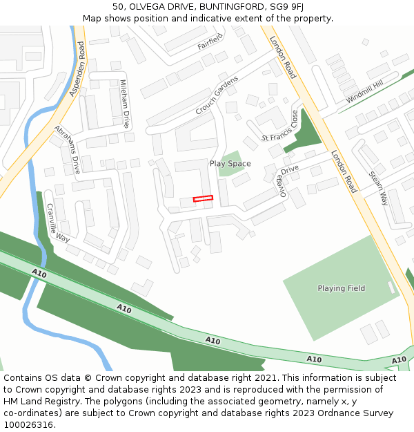 50, OLVEGA DRIVE, BUNTINGFORD, SG9 9FJ: Location map and indicative extent of plot