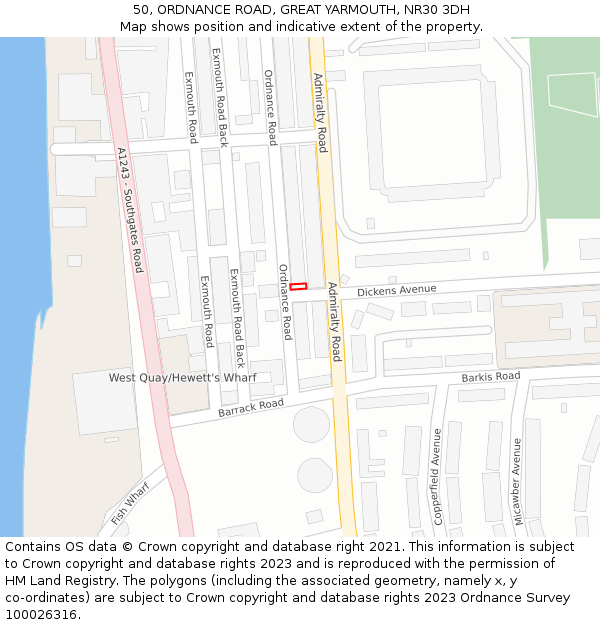 50, ORDNANCE ROAD, GREAT YARMOUTH, NR30 3DH: Location map and indicative extent of plot
