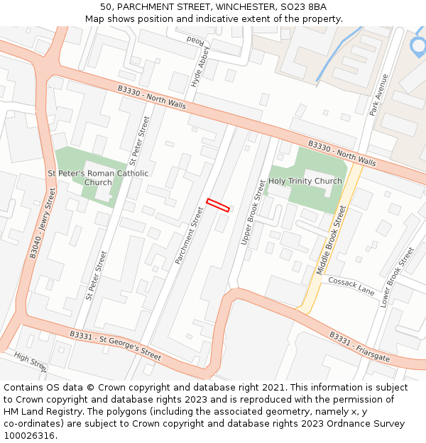 50, PARCHMENT STREET, WINCHESTER, SO23 8BA: Location map and indicative extent of plot