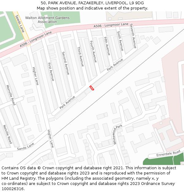 50, PARK AVENUE, FAZAKERLEY, LIVERPOOL, L9 9DG: Location map and indicative extent of plot