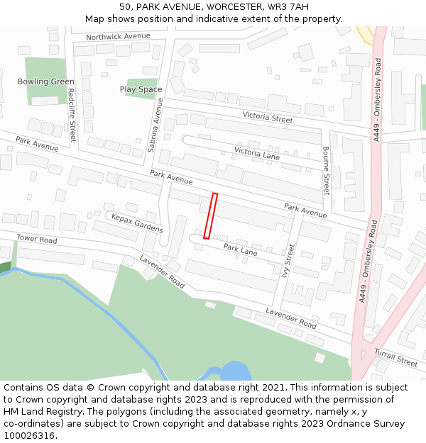 50, PARK AVENUE, WORCESTER, WR3 7AH: Location map and indicative extent of plot