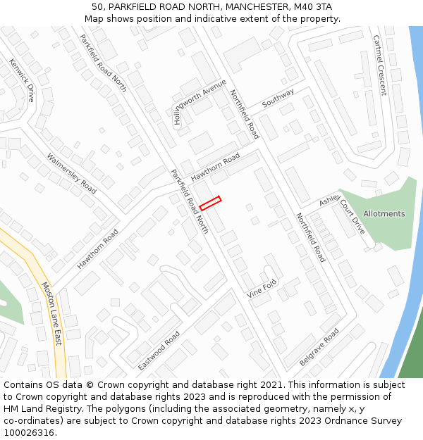 50, PARKFIELD ROAD NORTH, MANCHESTER, M40 3TA: Location map and indicative extent of plot