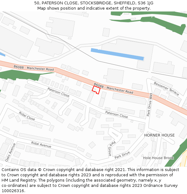 50, PATERSON CLOSE, STOCKSBRIDGE, SHEFFIELD, S36 1JG: Location map and indicative extent of plot