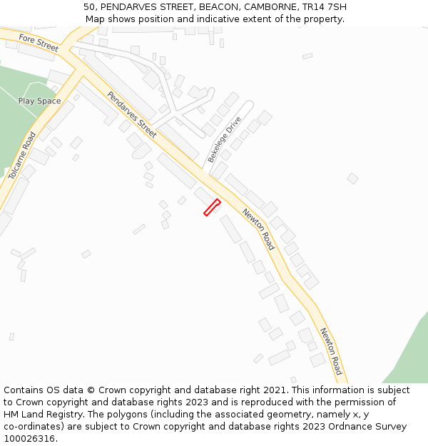 50, PENDARVES STREET, BEACON, CAMBORNE, TR14 7SH: Location map and indicative extent of plot