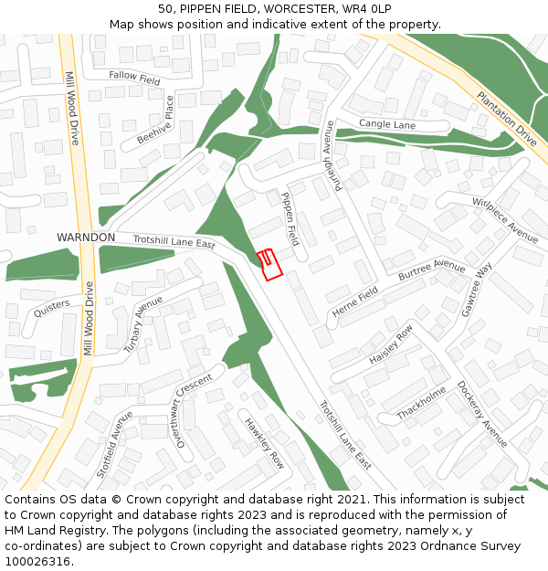 50, PIPPEN FIELD, WORCESTER, WR4 0LP: Location map and indicative extent of plot