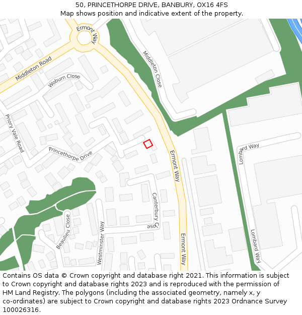50, PRINCETHORPE DRIVE, BANBURY, OX16 4FS: Location map and indicative extent of plot