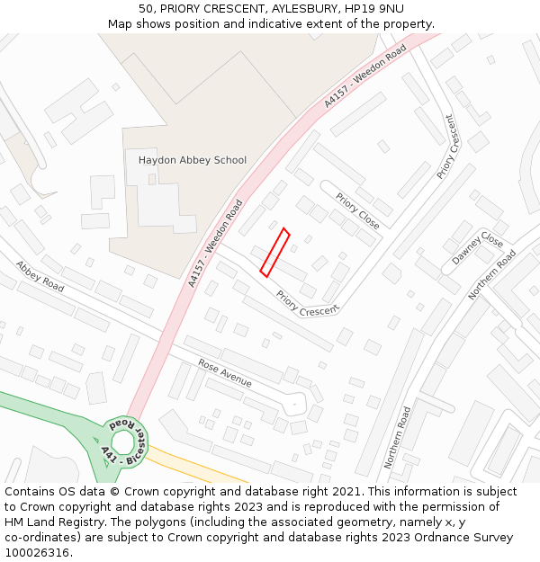 50, PRIORY CRESCENT, AYLESBURY, HP19 9NU: Location map and indicative extent of plot