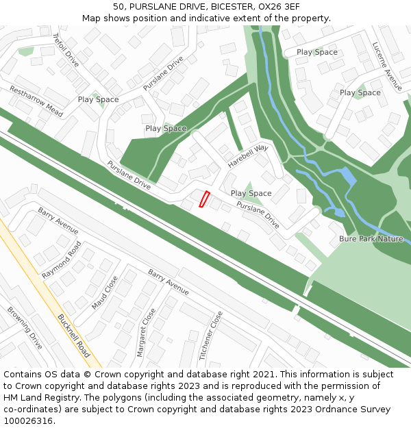 50, PURSLANE DRIVE, BICESTER, OX26 3EF: Location map and indicative extent of plot