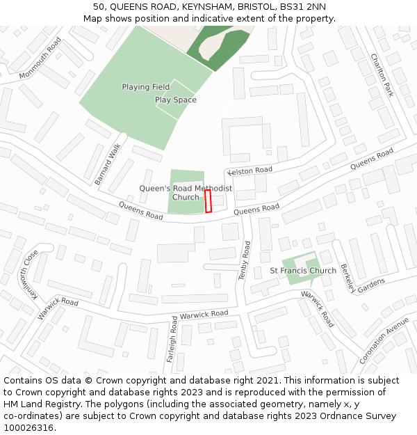50, QUEENS ROAD, KEYNSHAM, BRISTOL, BS31 2NN: Location map and indicative extent of plot