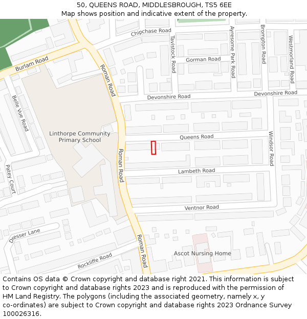 50, QUEENS ROAD, MIDDLESBROUGH, TS5 6EE: Location map and indicative extent of plot