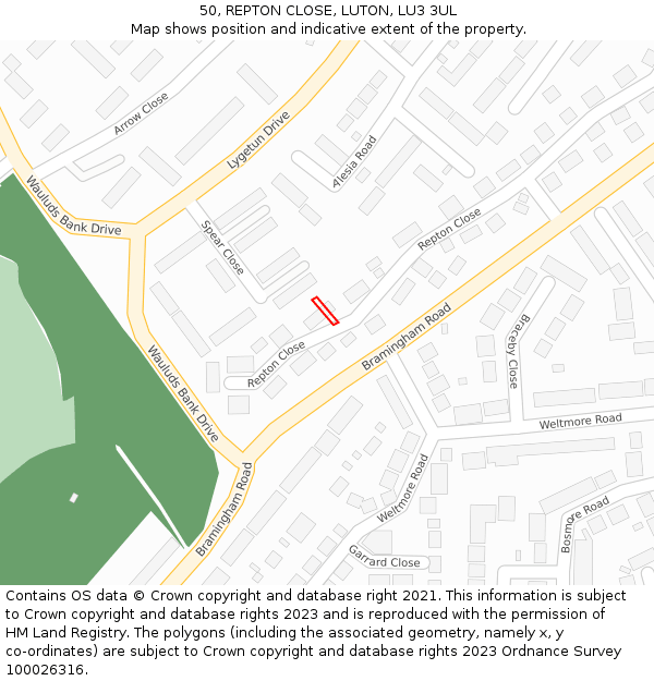 50, REPTON CLOSE, LUTON, LU3 3UL: Location map and indicative extent of plot