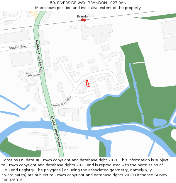 50, RIVERSIDE WAY, BRANDON, IP27 0AN: Location map and indicative extent of plot