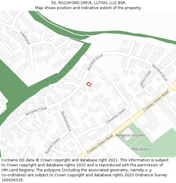 50, ROCHFORD DRIVE, LUTON, LU2 8SR: Location map and indicative extent of plot