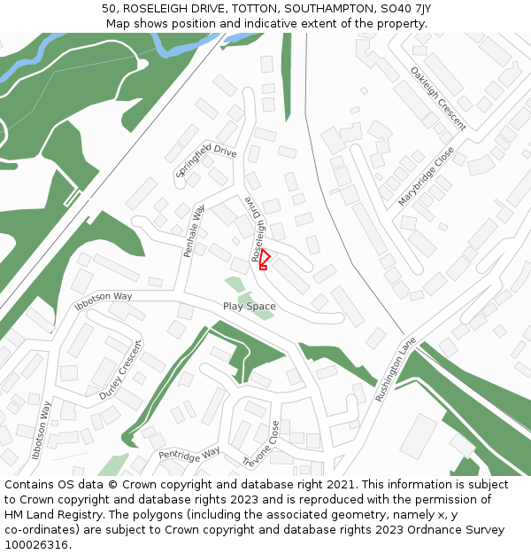 50, ROSELEIGH DRIVE, TOTTON, SOUTHAMPTON, SO40 7JY: Location map and indicative extent of plot