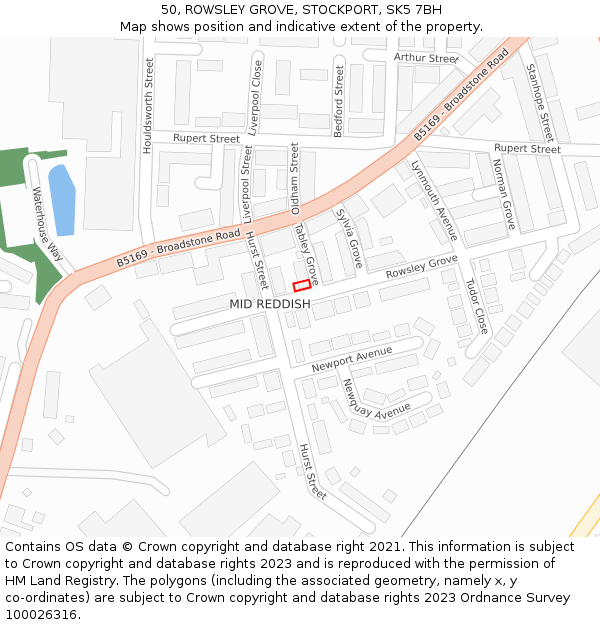 50, ROWSLEY GROVE, STOCKPORT, SK5 7BH: Location map and indicative extent of plot