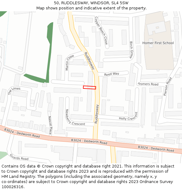 50, RUDDLESWAY, WINDSOR, SL4 5SW: Location map and indicative extent of plot