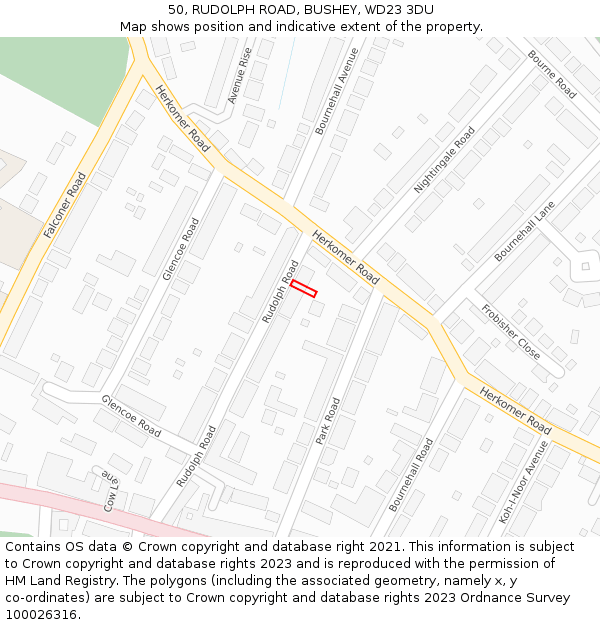 50, RUDOLPH ROAD, BUSHEY, WD23 3DU: Location map and indicative extent of plot