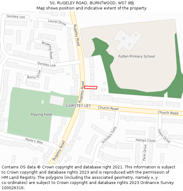 50, RUGELEY ROAD, BURNTWOOD, WS7 9BJ: Location map and indicative extent of plot