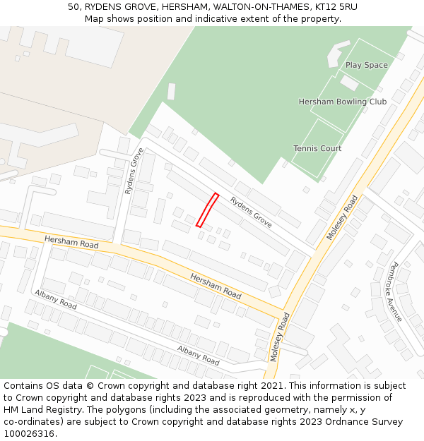 50, RYDENS GROVE, HERSHAM, WALTON-ON-THAMES, KT12 5RU: Location map and indicative extent of plot