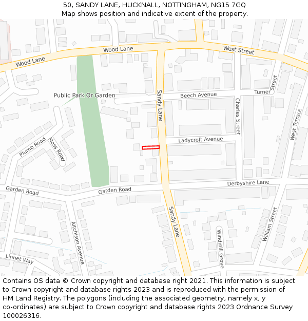 50, SANDY LANE, HUCKNALL, NOTTINGHAM, NG15 7GQ: Location map and indicative extent of plot