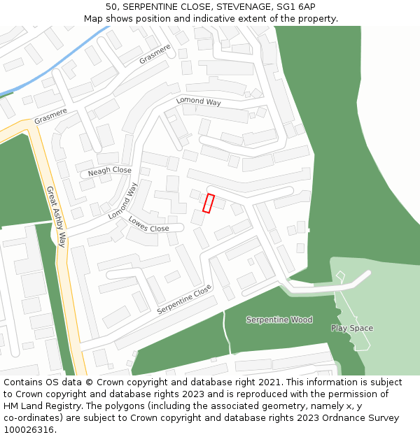 50, SERPENTINE CLOSE, STEVENAGE, SG1 6AP: Location map and indicative extent of plot