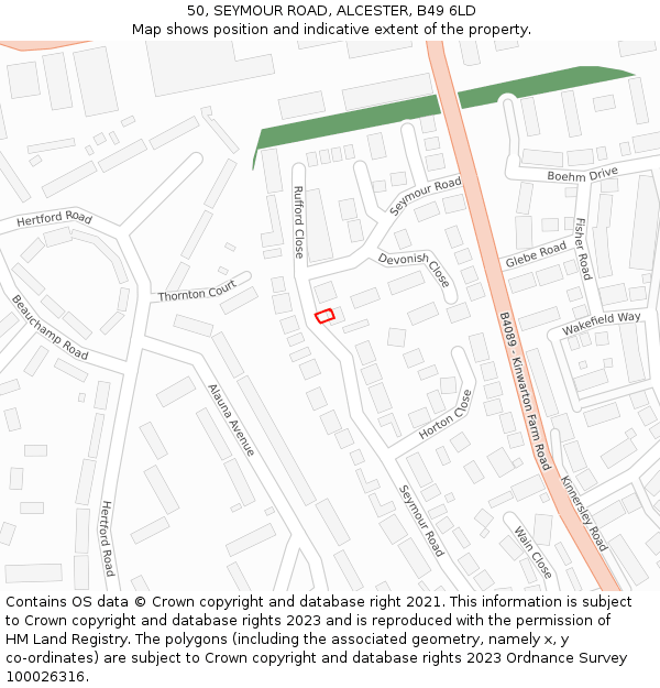 50, SEYMOUR ROAD, ALCESTER, B49 6LD: Location map and indicative extent of plot