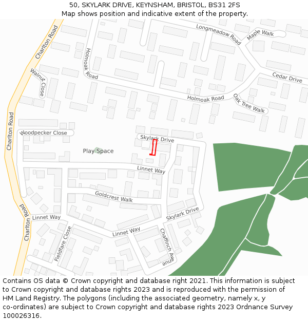 50, SKYLARK DRIVE, KEYNSHAM, BRISTOL, BS31 2FS: Location map and indicative extent of plot