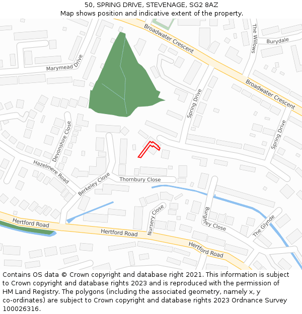 50, SPRING DRIVE, STEVENAGE, SG2 8AZ: Location map and indicative extent of plot