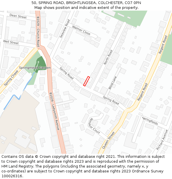 50, SPRING ROAD, BRIGHTLINGSEA, COLCHESTER, CO7 0PN: Location map and indicative extent of plot